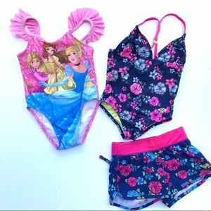 LOT OF 2 Little Girls One Piece Swimsuits sz 2T Roxy Girl & Disney Princesss